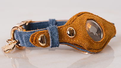 TagIt Heirloom Suede Dog Collar in denim and tan with secure tracker pocket