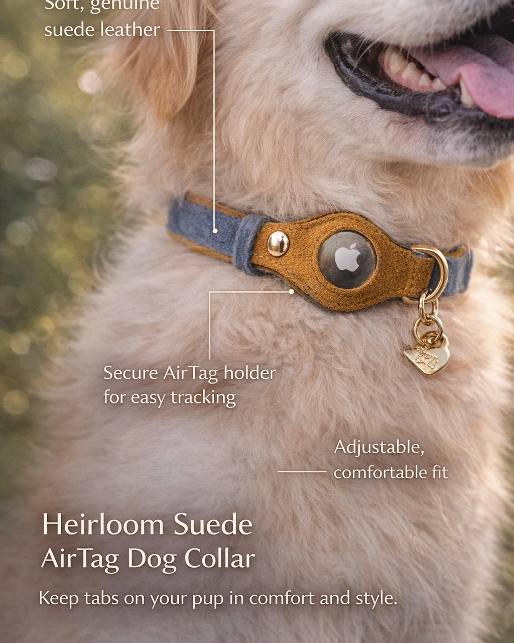 Heirloom Suede AirTag Dog Collar — Denim & Tan — product image 2