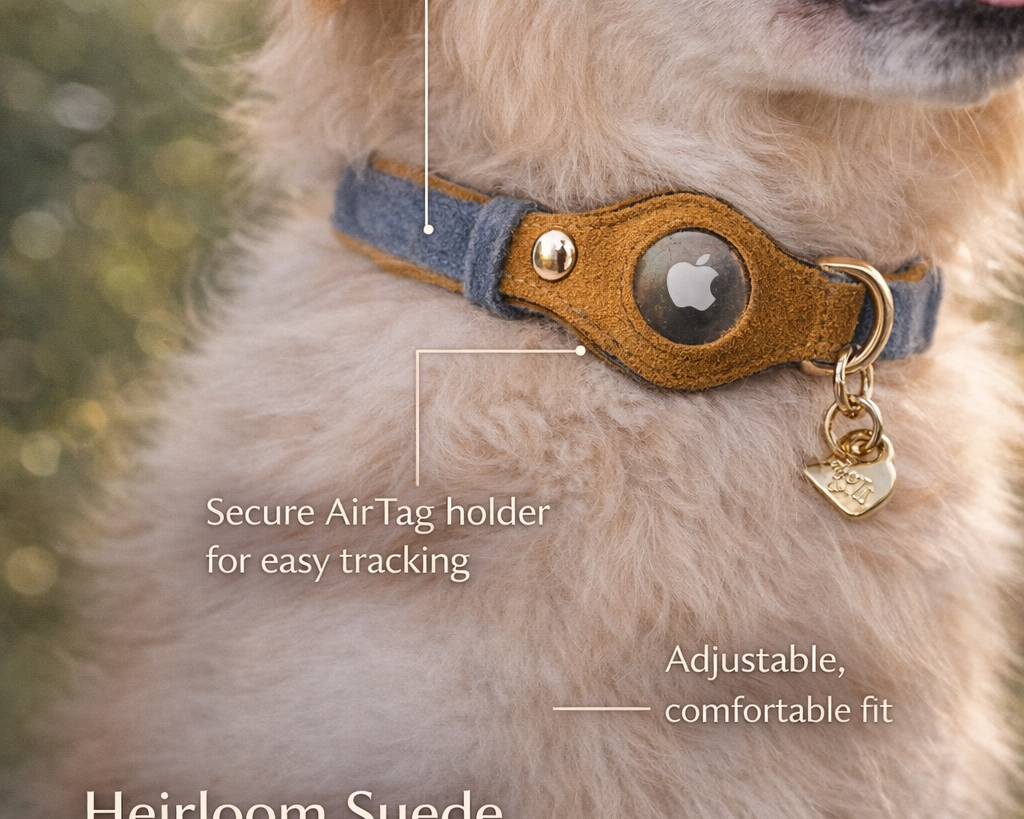 Heirloom Suede AirTag Dog Collar — Denim & Tan — product image 2