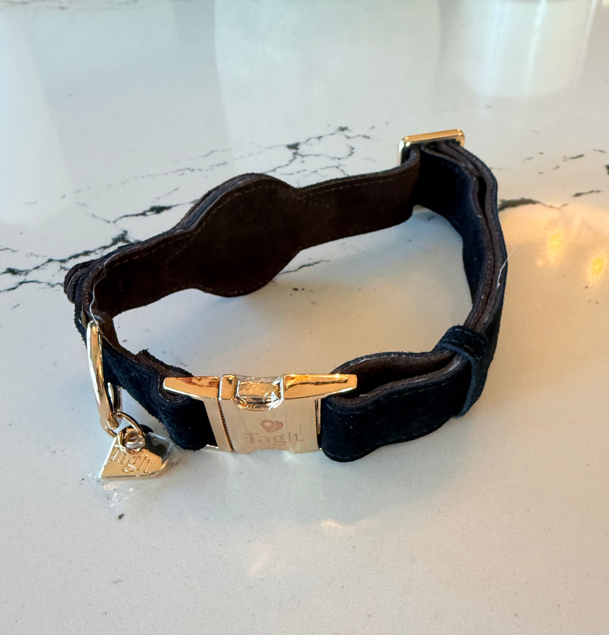 Heirloom Suede AirTag Dog Collar — Black & Coffee — product image 9