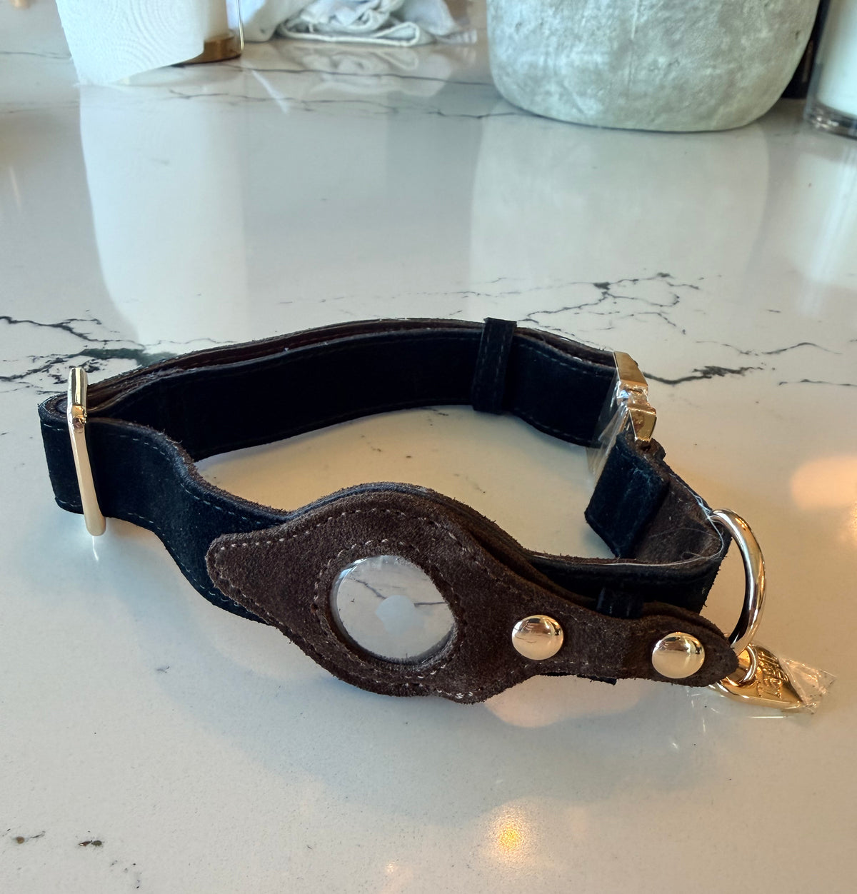 Heirloom Suede AirTag Dog Collar — Black & Coffee — product image 1