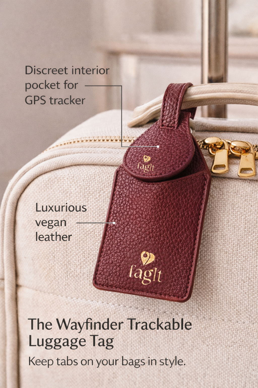 Wayfinder Vegan Pebble Leather AirTag Luggage Tag — Burgundy — product image 2