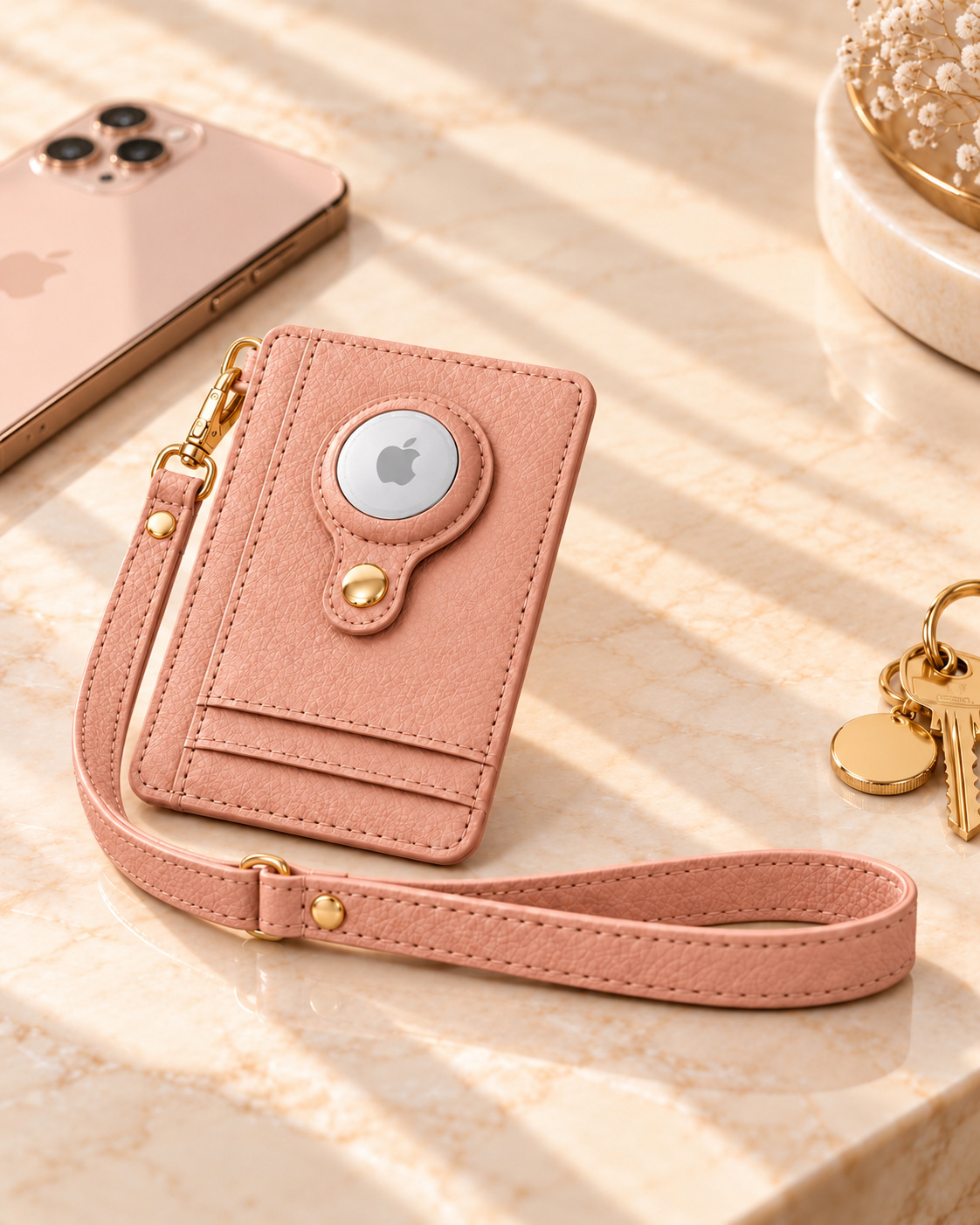 Carry Smart AirTag Wallet + Wristlet — Blush Pebble Wallet — one-piece wallet with gold loop and wristlet
