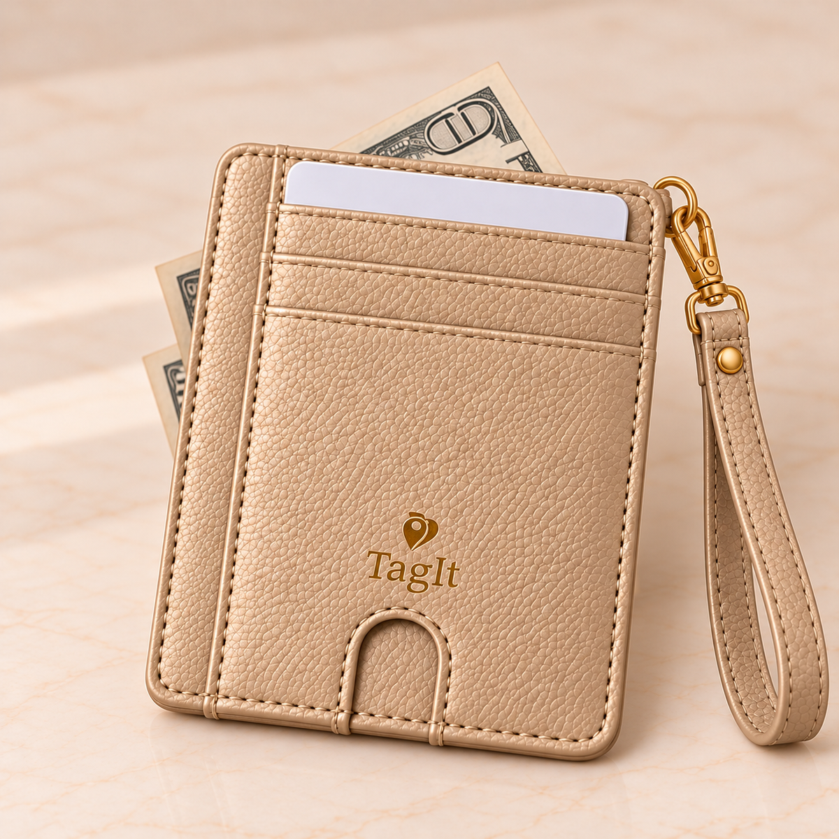 Carry Smart Pebble Leather AirTag Wallet + Wristlet — Champagne — PDP image 9 — all-groups