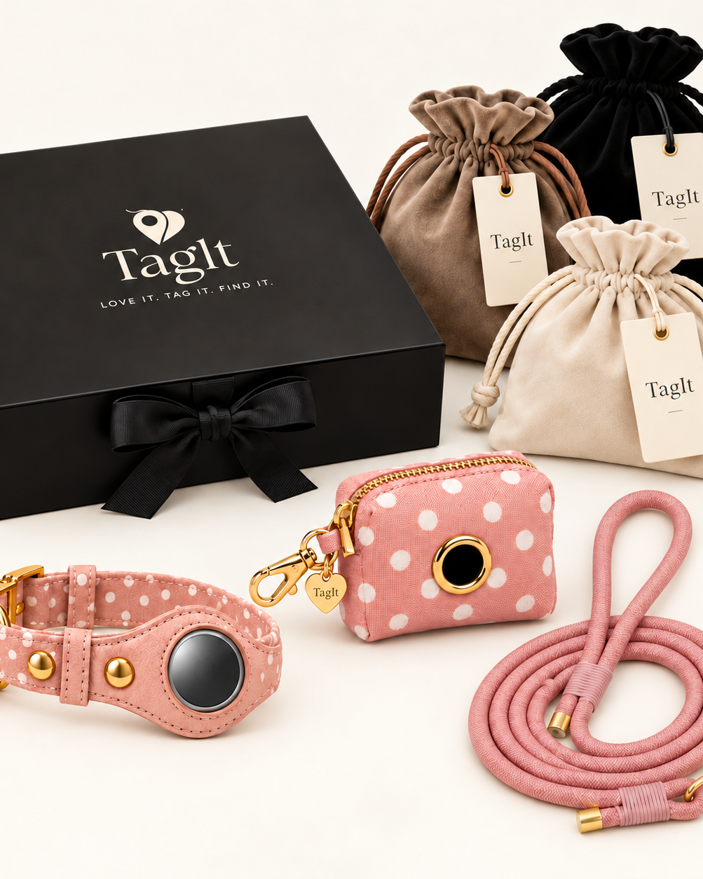 TagIt Companion Pet Set — Blush Polkadot — ribbon gift box and soft dust bags — all-groups
