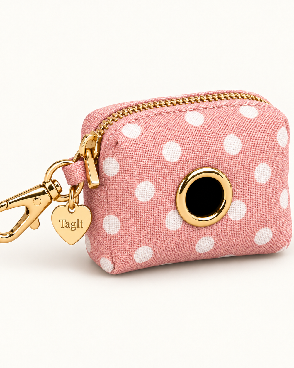 Keep Close Dog Poop-Bag Holder — Blush Polkadot — zip pouch with gold-tone clip