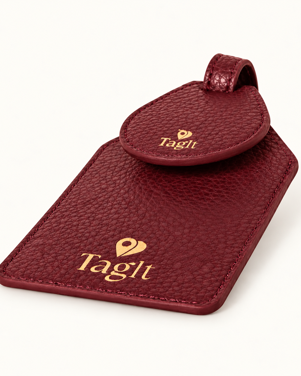 Wayfinder Pebble Leather AirTag Luggage Tag — Burgundy — tracker-ready luggage tag