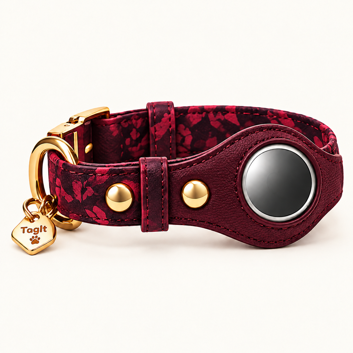 Heirloom AirTag Dog Collar — Burgundy Floral — built-in tracker holder