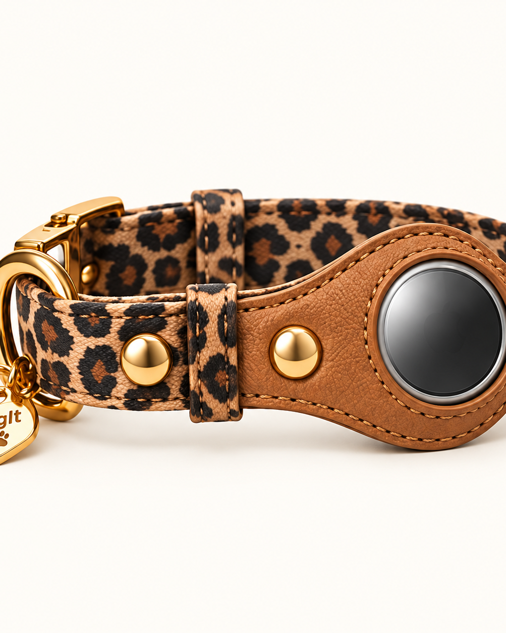 Heirloom AirTag Dog Collar — Leopard — built-in tracker holder