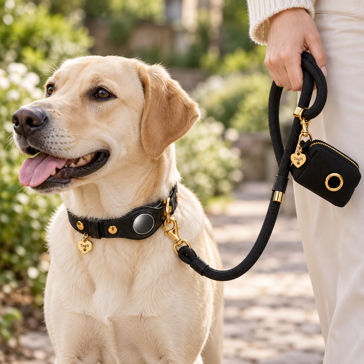 TagIt Companion Pet Set — Black lifestyle with coordinating collar, leash and holder — all-groups
