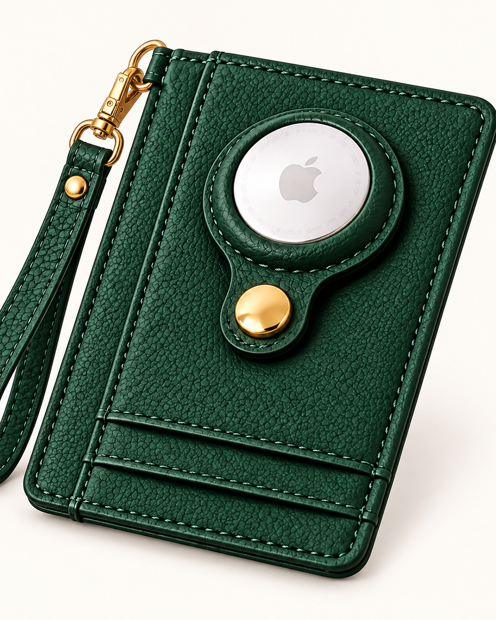 Carry Smart AirTag Wallet + Wristlet — Forest Green Pebble Wallet with gold attachment ring and matching wristlet
