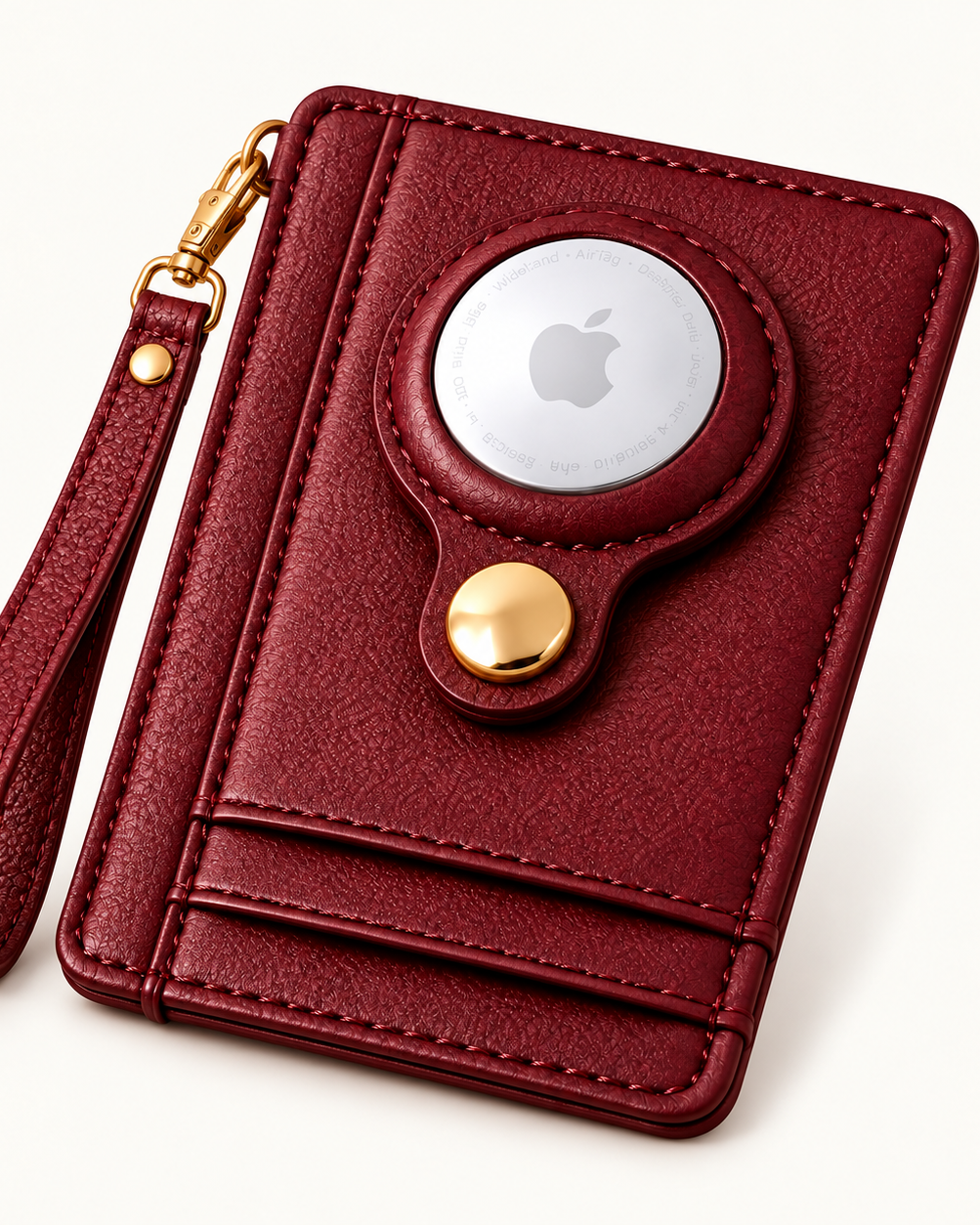Carry Smart AirTag Wallet + Wristlet — Burgundy Pebble Wallet with gold attachment ring and matching wristlet
