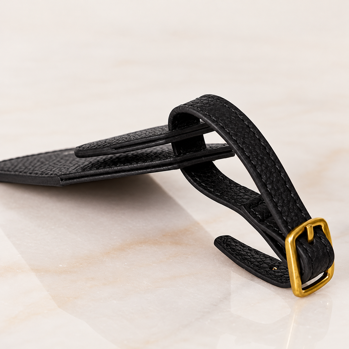 Wayfinder luggage tag — Black — slim side profile and buckle strap — all-groups