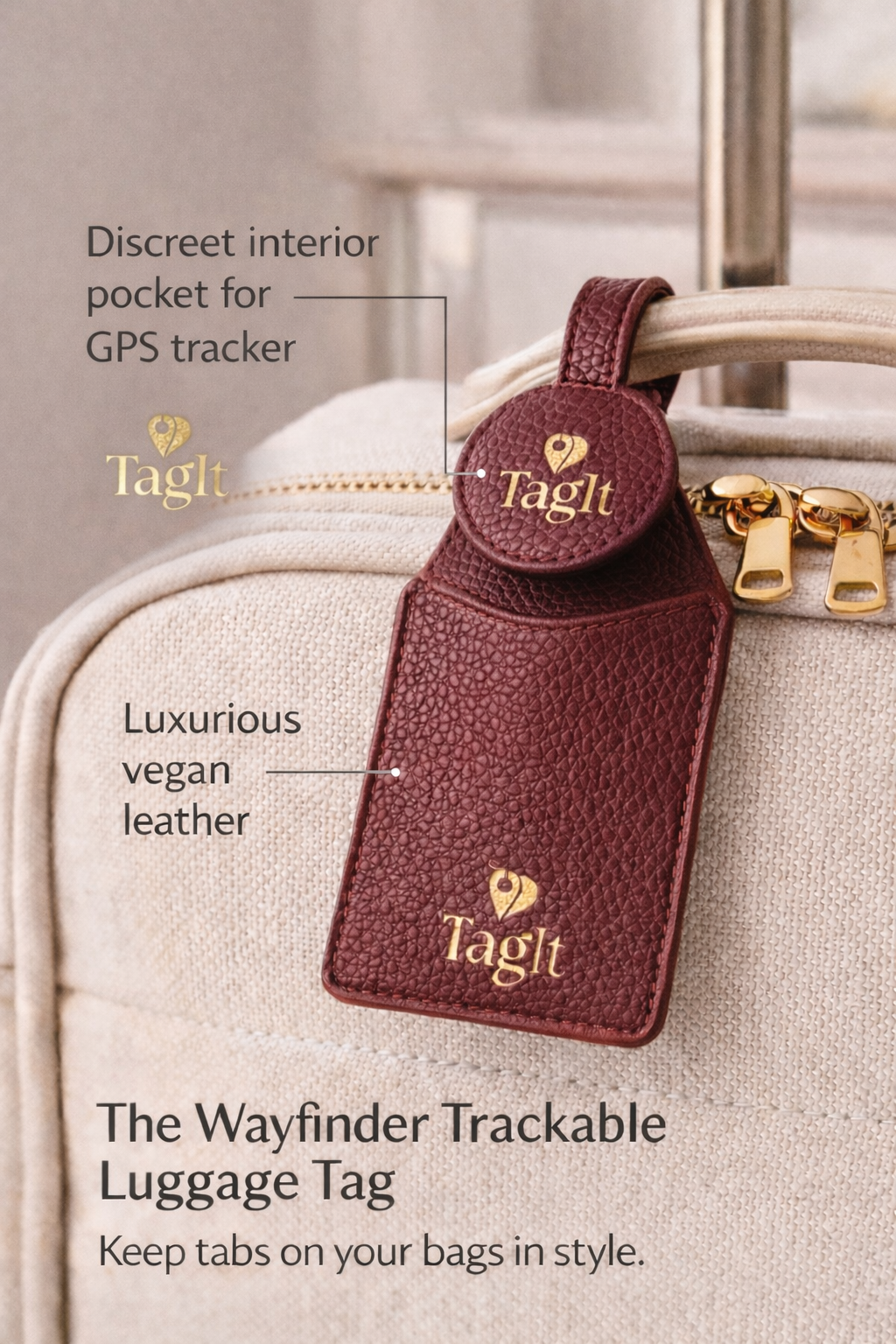 Wayfinder Vegan Pebble Leather AirTag Luggage Tag — Camel — product image 2