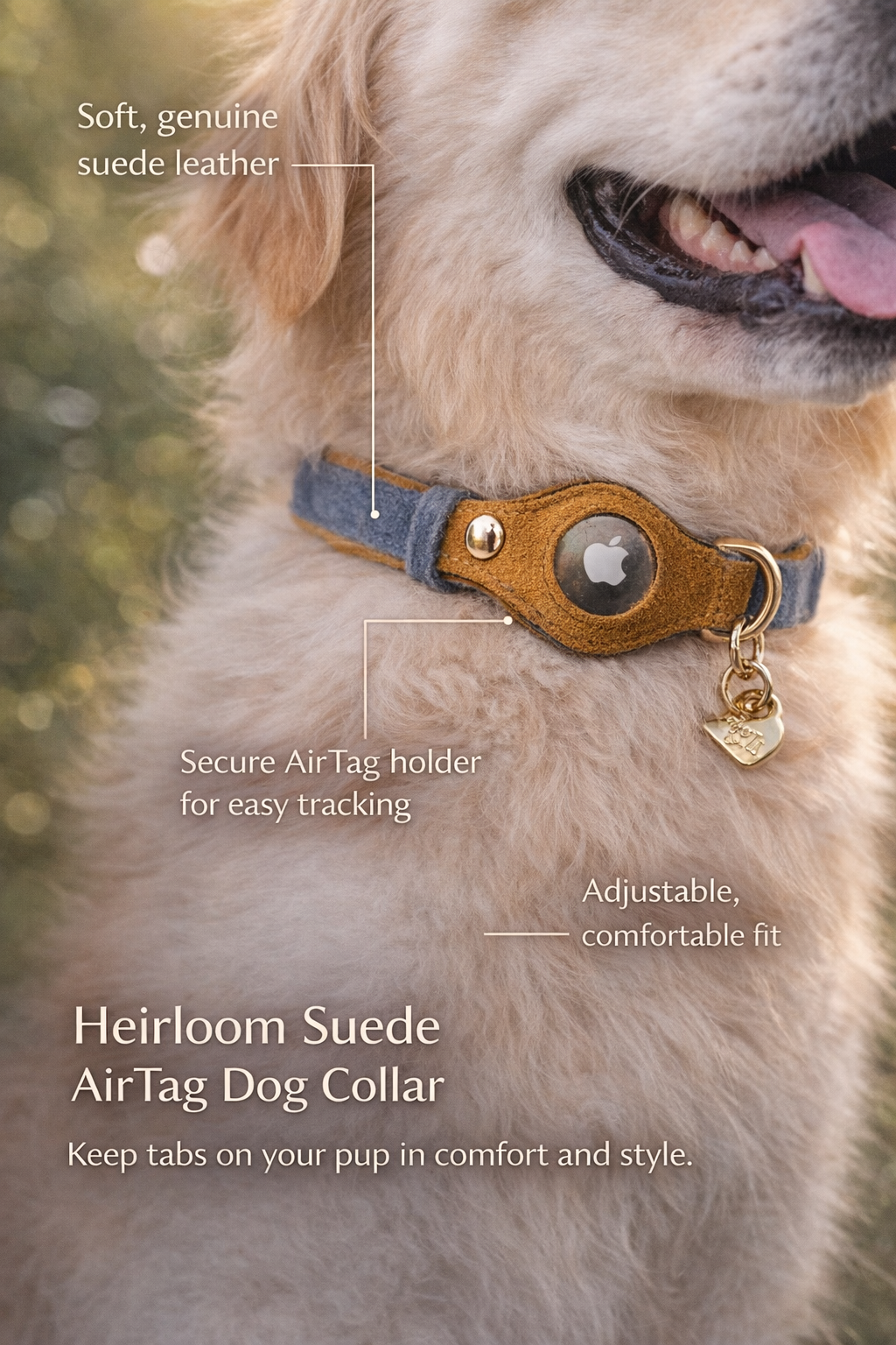 Heirloom Suede AirTag Dog Collar — Denim & Tan — product image 2