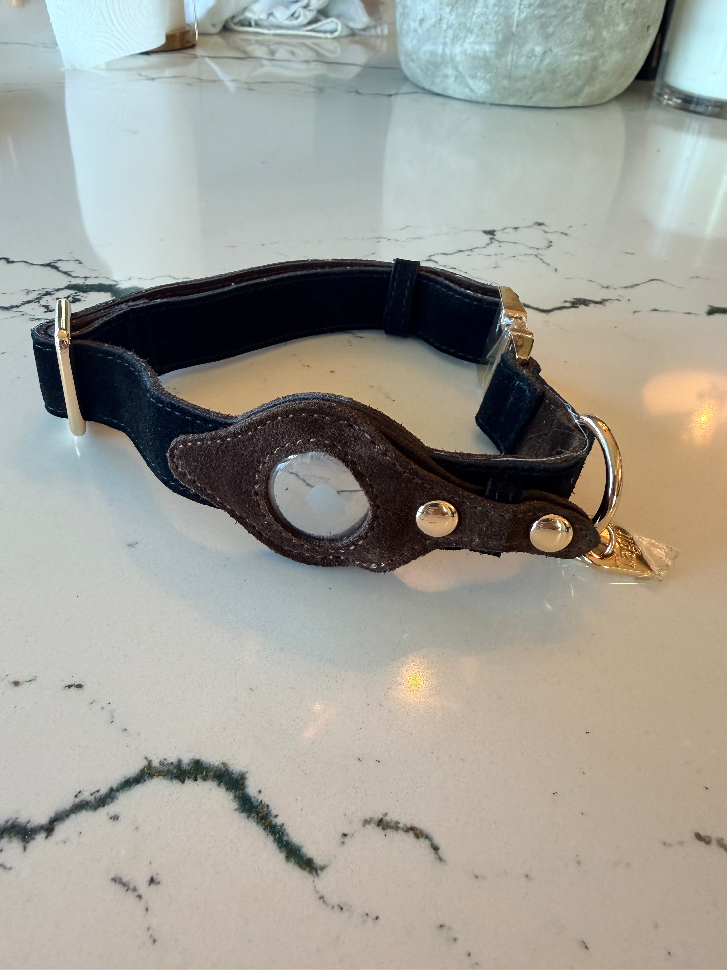 Heirloom Suede AirTag Dog Collar — Black & Coffee — product image 1