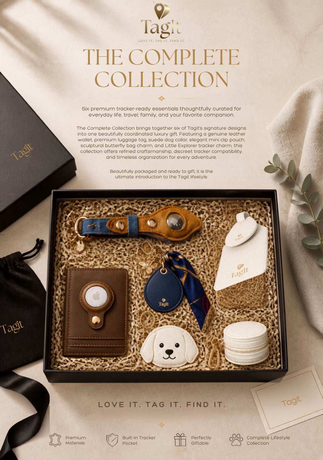 A Tagi gift set presentation featuring an open black box filled with various branded accessories, including a brown leather watch, a blue leather keychain, a white leather tag, a small white pouch, and a white round item, arranged on a beige fabric background with promotional text.