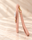 Carry Smart AirTag Wallet + Wristlet — Blush Pebble Wallet — single-piece side profile with gold attachment ring and wristlet