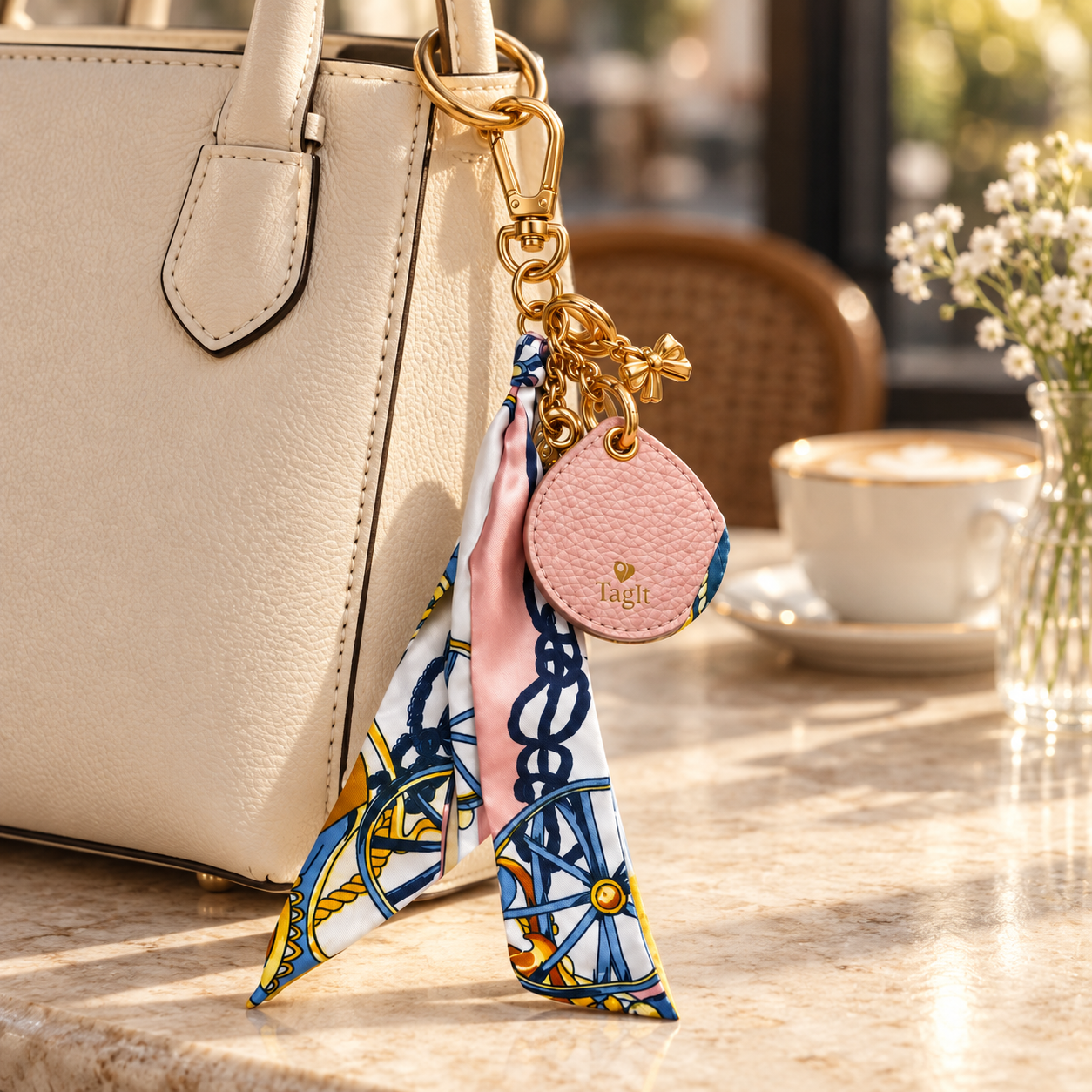 Keep Close AirTag Keychain — blush — lifestyle on handbag — all-groups
