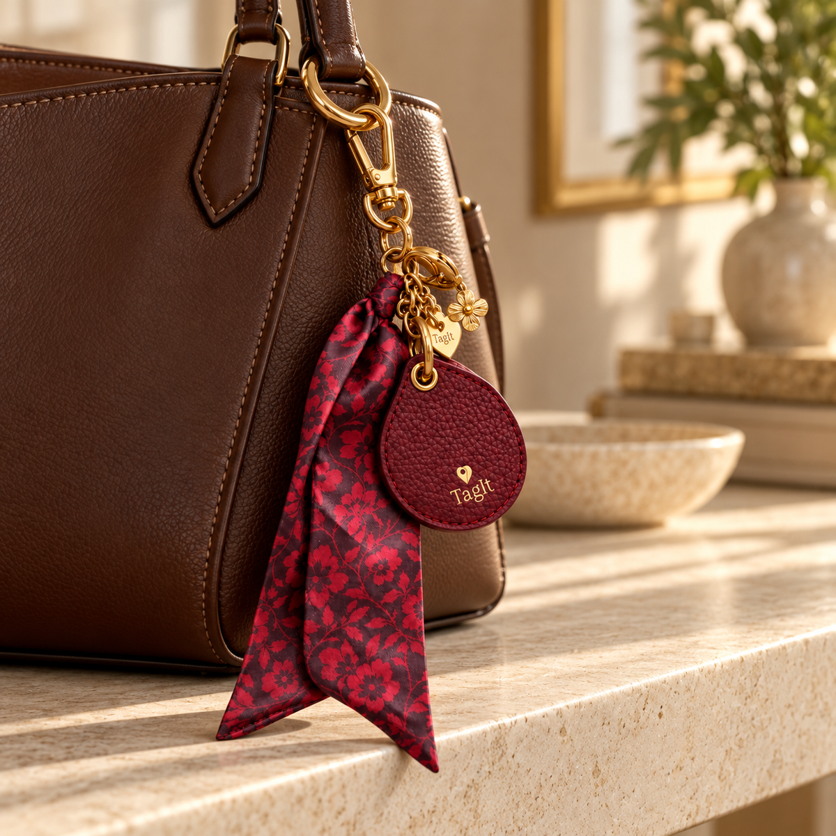Keep Close AirTag Keychain — burgundy — lifestyle on handbag — all-groups