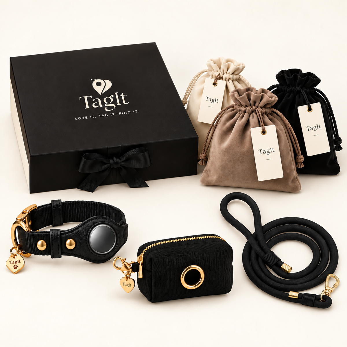 TagIt Companion Pet Set — Black — ribbon gift box and soft dust bags — all-groups