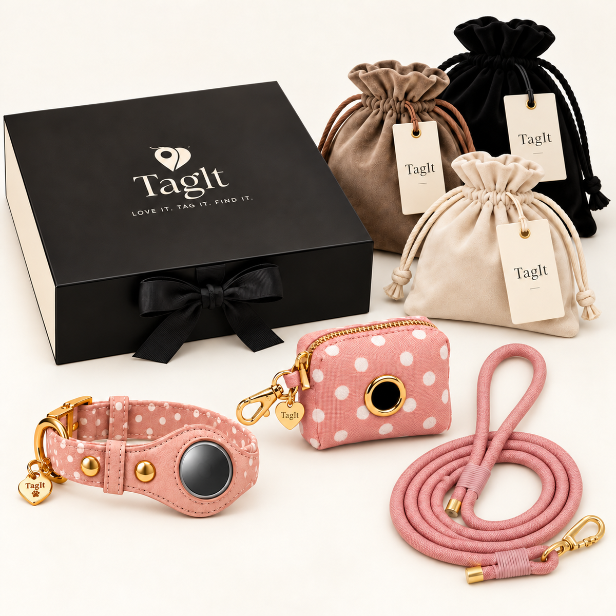 TagIt Companion Pet Set — Blush Polkadot — ribbon gift box and soft dust bags — all-groups