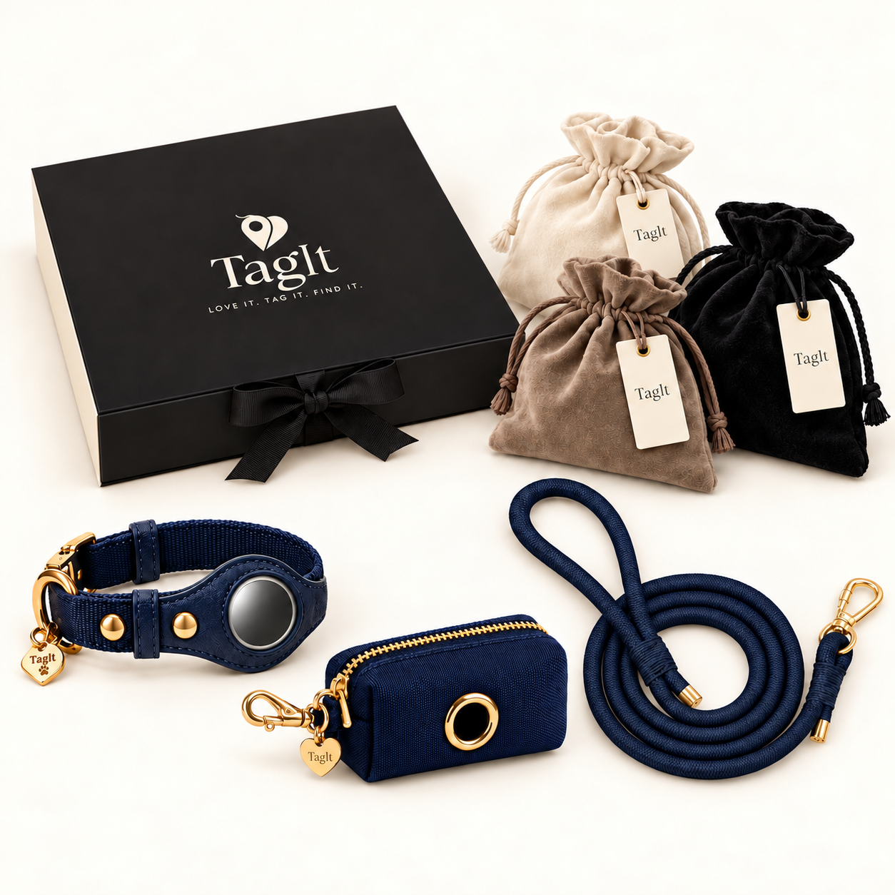 TagIt Companion Pet Set — Deep Navy — ribbon gift box and soft dust bags — all-groups