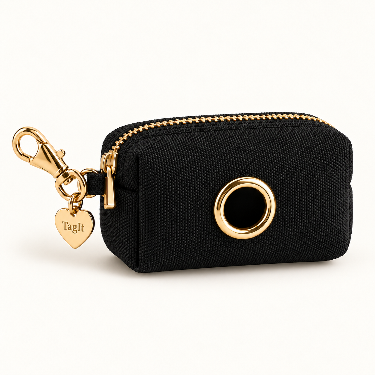 Keep Close Dog Poop-Bag Holder — Black — zip pouch with gold-tone clip