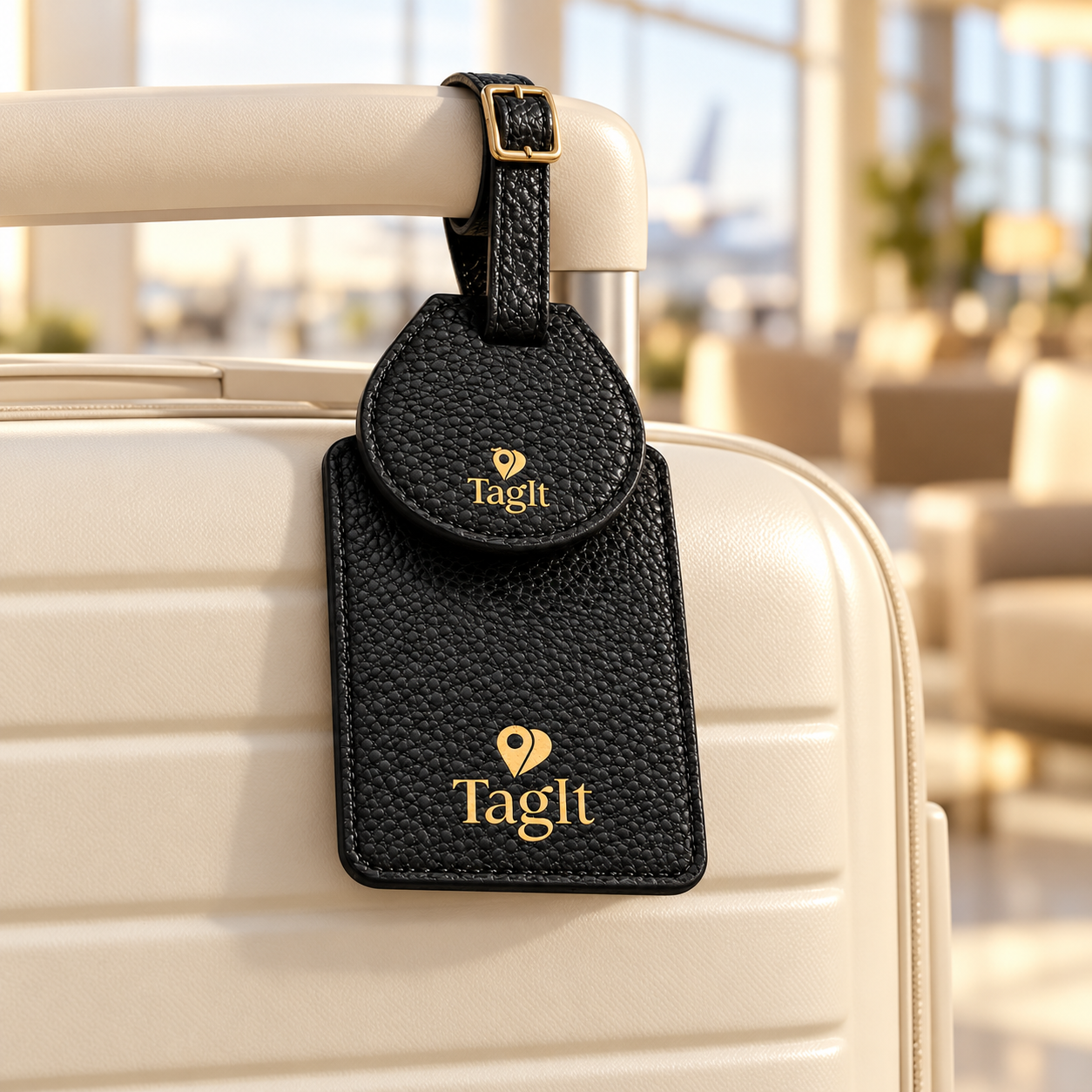 Wayfinder luggage tag — Black — lifestyle on cream suitcase — all-groups
