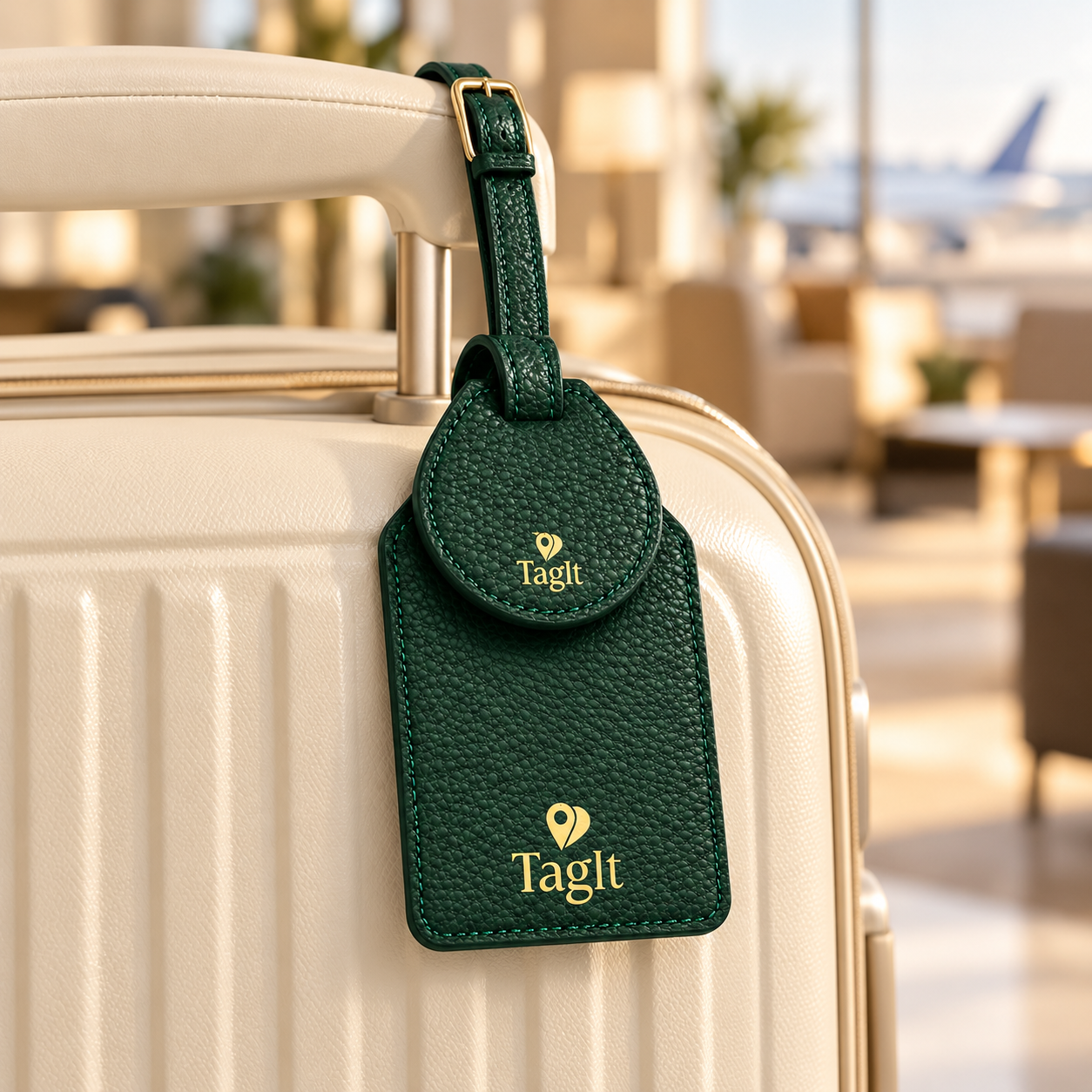 Wayfinder luggage tag — Dark Green — lifestyle on cream suitcase — all-groups
