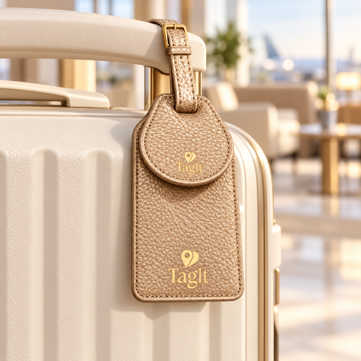 Wayfinder luggage tag — Metallic Champagne — lifestyle on cream suitcase — all-groups