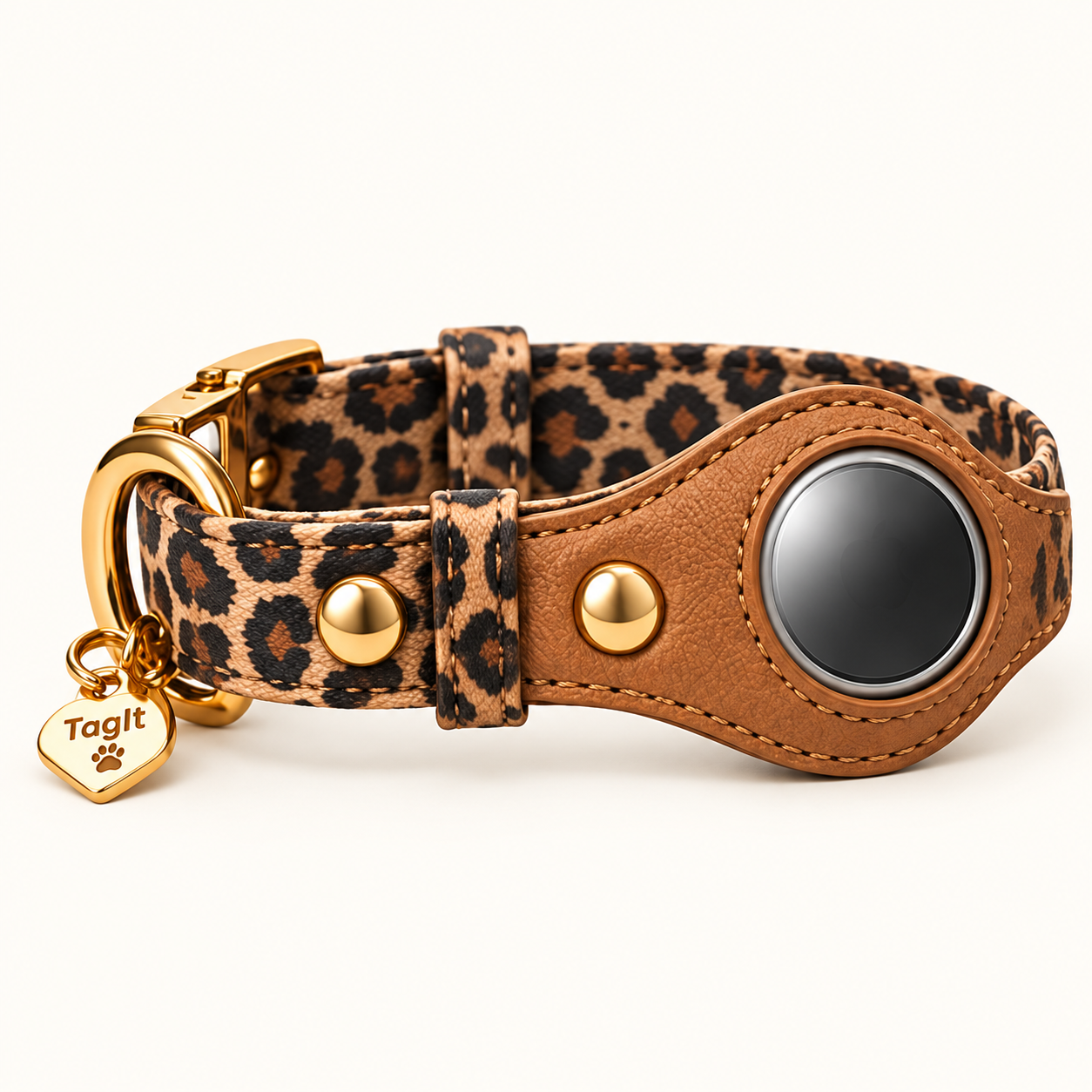 Heirloom AirTag Dog Collar — Leopard — built-in tracker holder