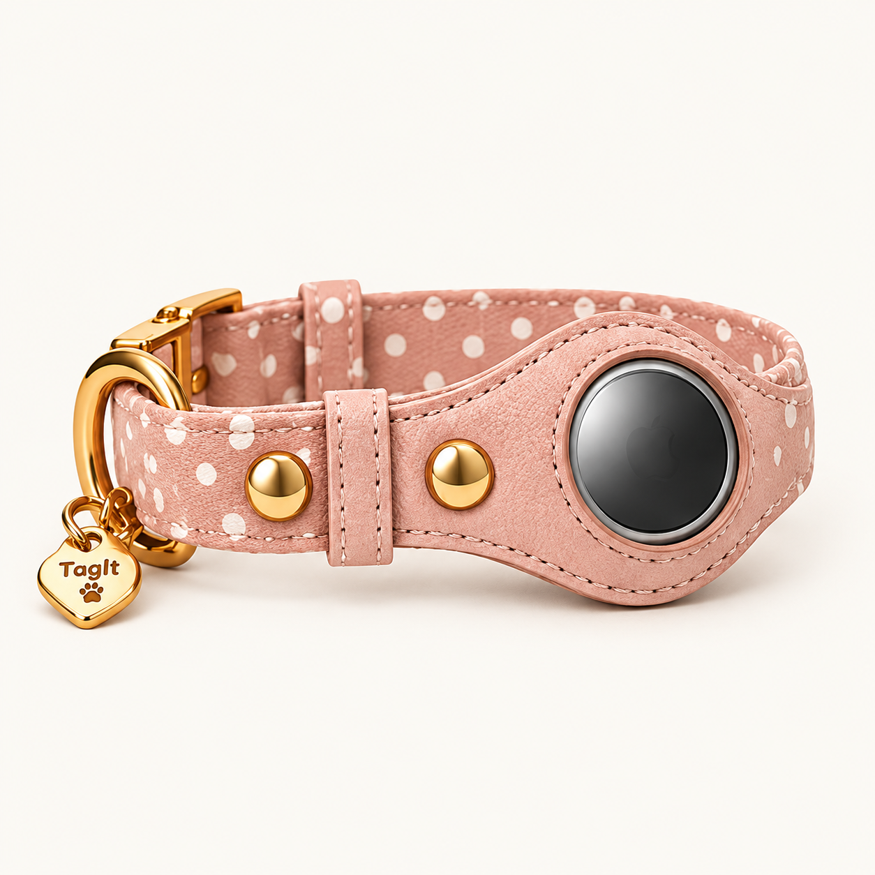 Heirloom AirTag Dog Collar — Blush Polkadot — built-in tracker holder