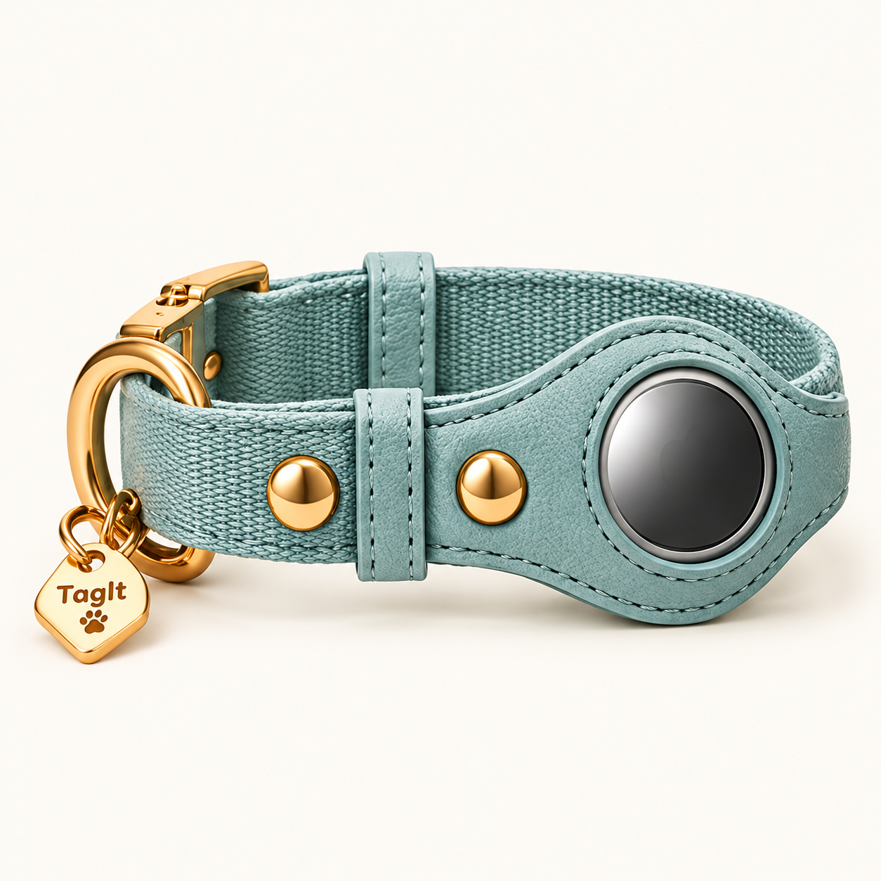 Heirloom AirTag Dog Collar — Seafoam — built-in tracker holder