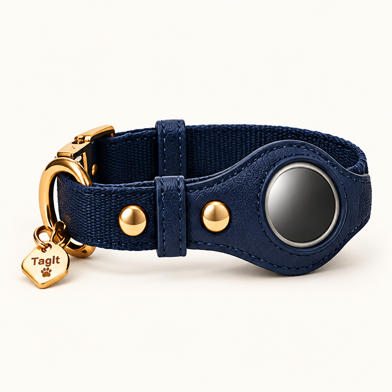 Heirloom AirTag Dog Collar — Deep Navy — built-in tracker holder