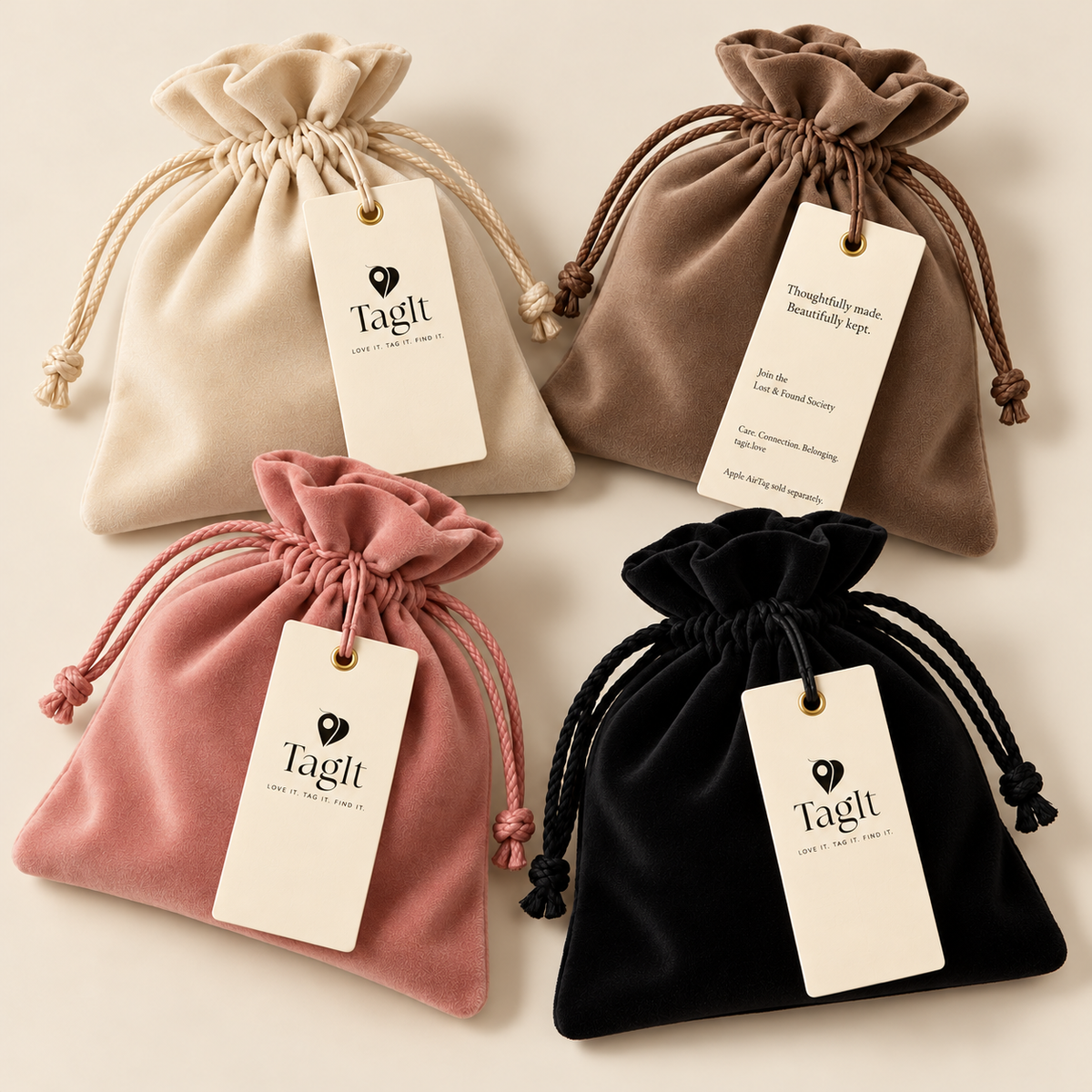 TagIt soft dust-bag packaging — cream, taupe, black and blush — all-groups