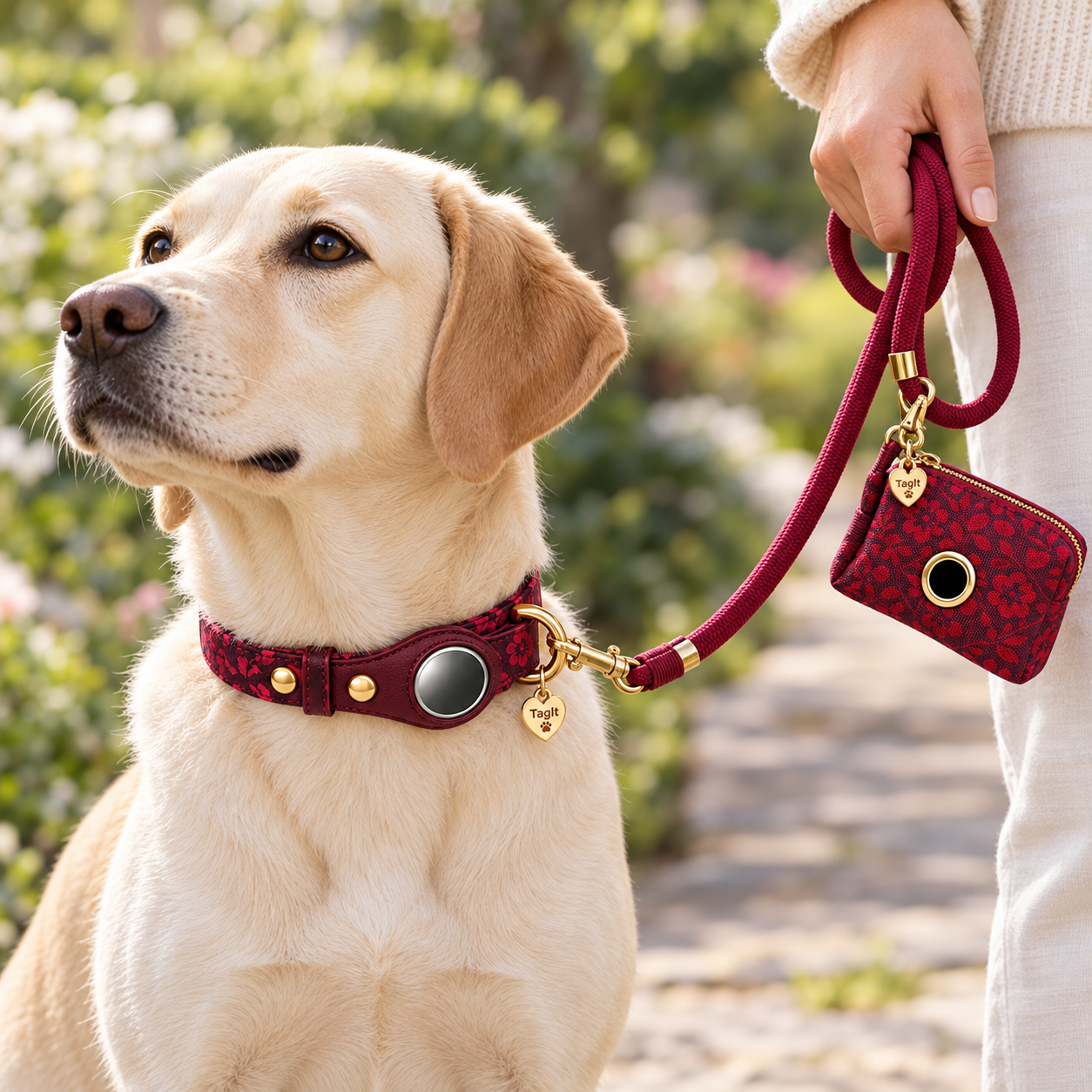 TagIt pet accessory — Burgundy Floral lifestyle with coordinating collar, leash and holder; other accessories sold separately — all-groups
