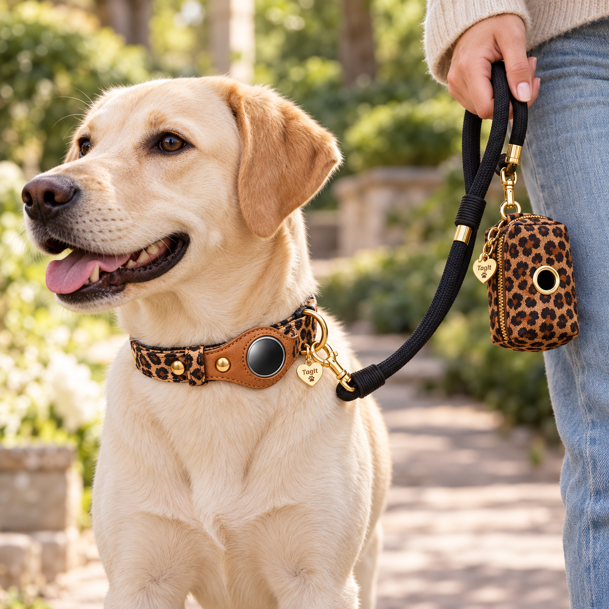 TagIt Companion Pet Set — Leopard lifestyle with coordinating collar, leash and holder — all-groups