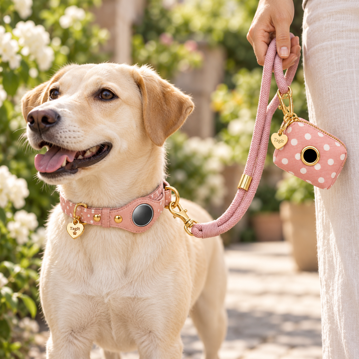 TagIt Companion Pet Set — Blush Polkadot lifestyle with coordinating collar, leash and holder — all-groups