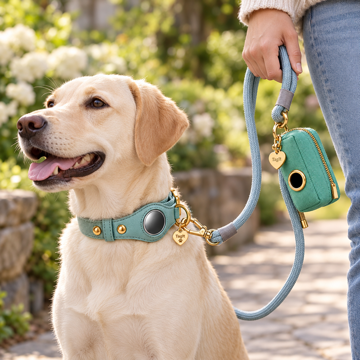 TagIt pet accessory — Seafoam lifestyle with coordinating collar, leash and holder; other accessories sold separately — all-groups