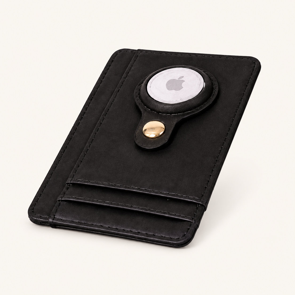 Carry Smart Genuine Leather AirTag Wallet — Black on soft ivory background