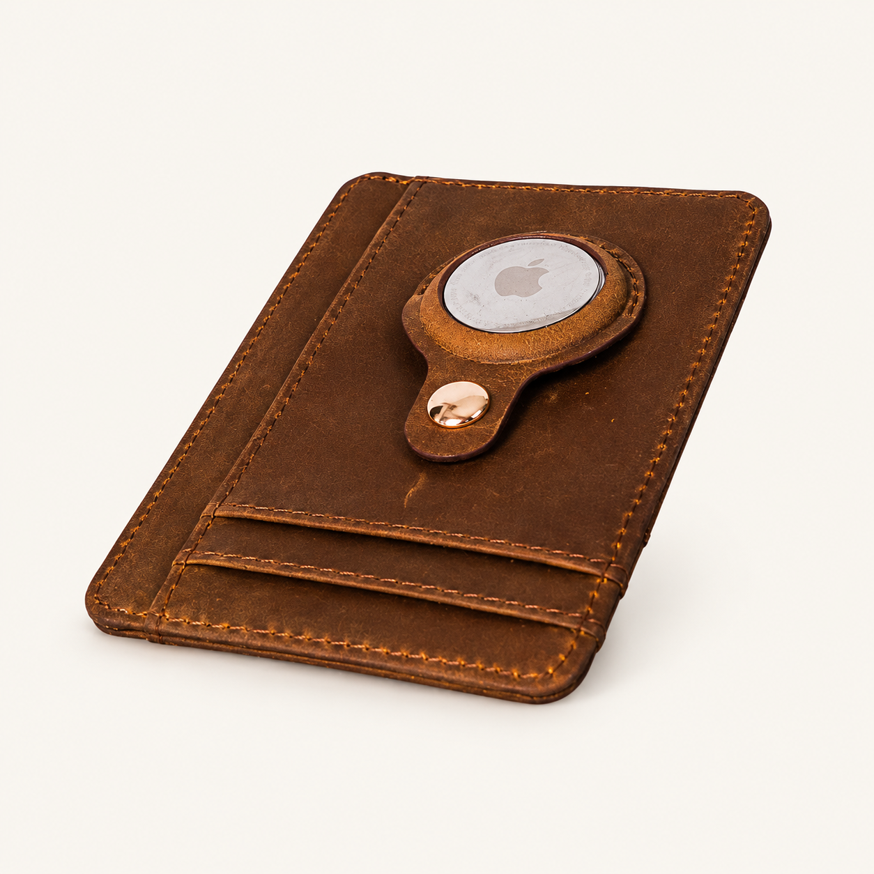 Carry Smart Genuine Leather AirTag Wallet — Brown on soft ivory background