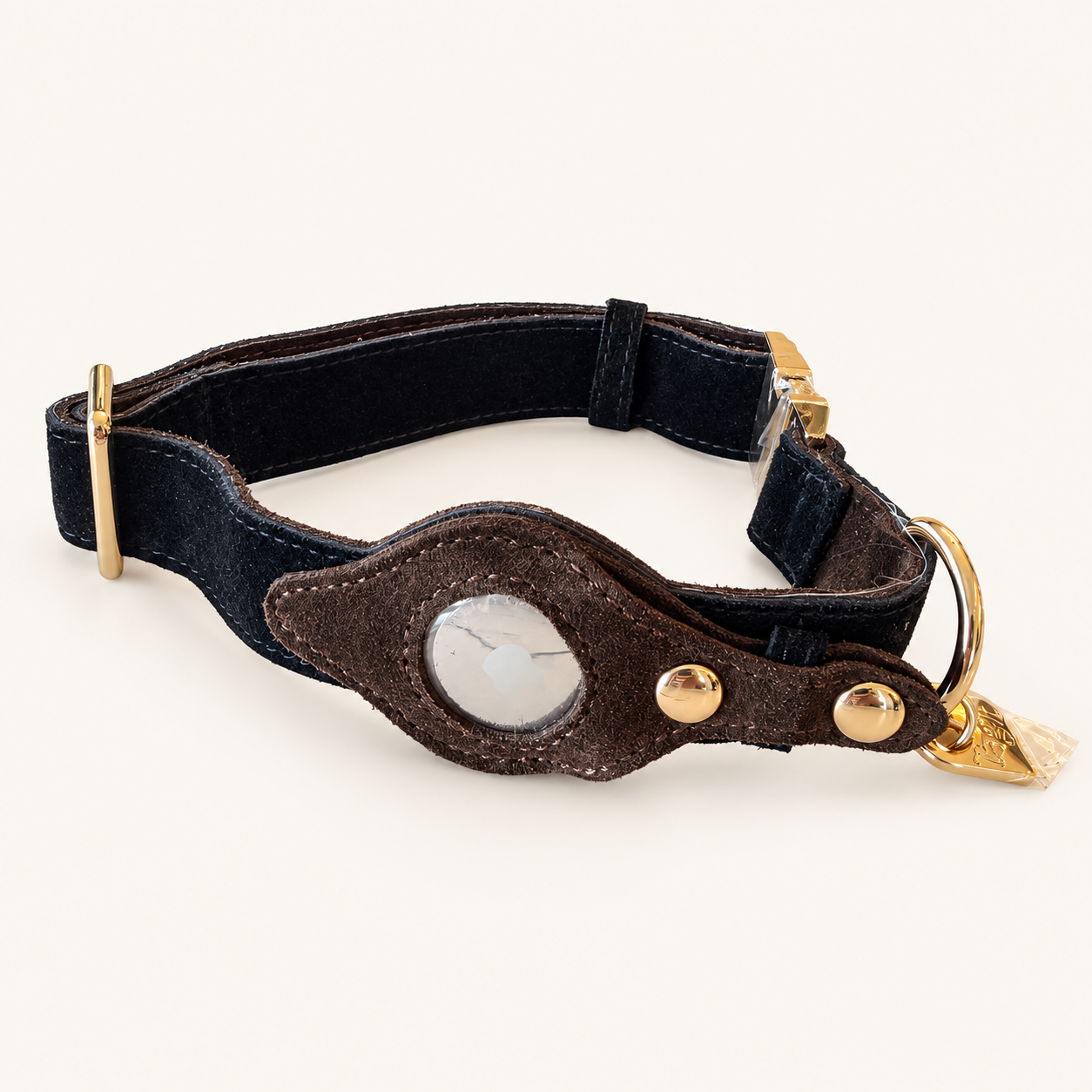 Heirloom Suede AirTag Dog Collar — Black & Coffee on soft ivory background