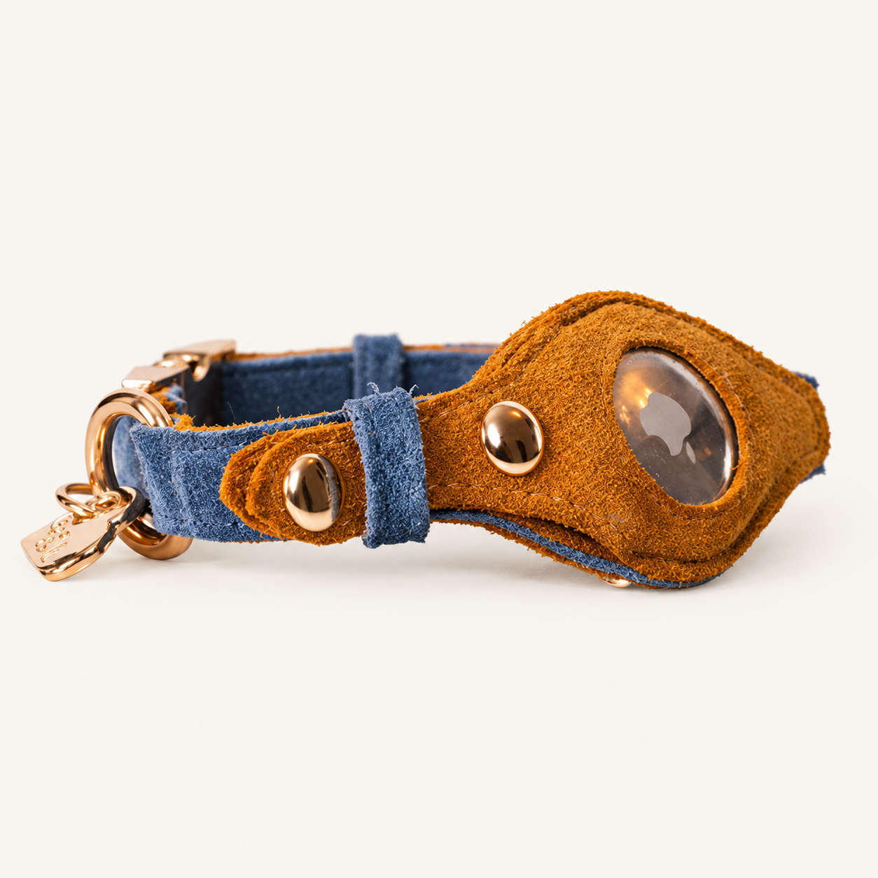 Heirloom Suede AirTag Dog Collar — Denim & Tan on soft ivory background