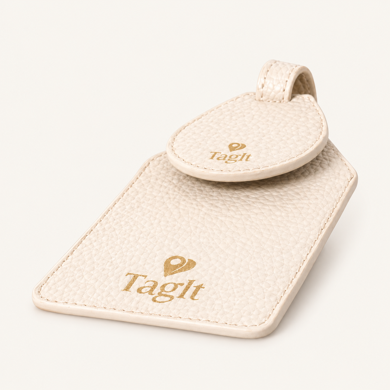 Wayfinder Vegan Pebble Leather AirTag Luggage Tag — White on soft ivory background