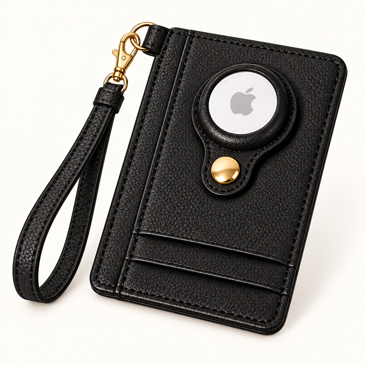 Carry Smart AirTag Wallet + Wristlet — Black Pebble Wallet with wristlet connected through gold attachment ring