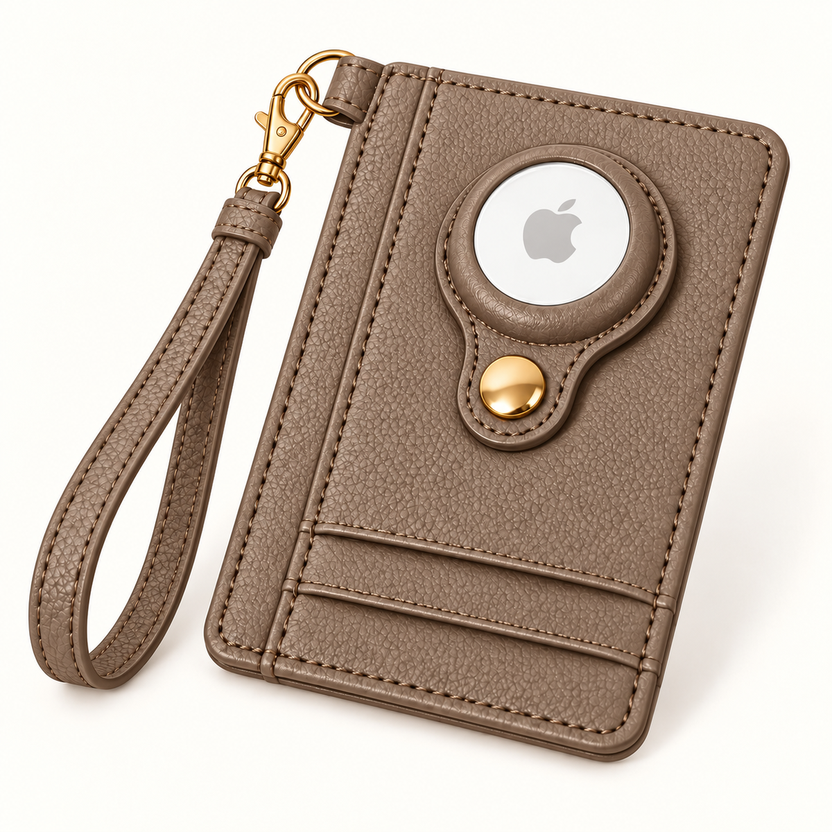 Carry Smart AirTag Wallet + Wristlet — Taupe Pebble Wallet front — gold attachment loop and wristlet