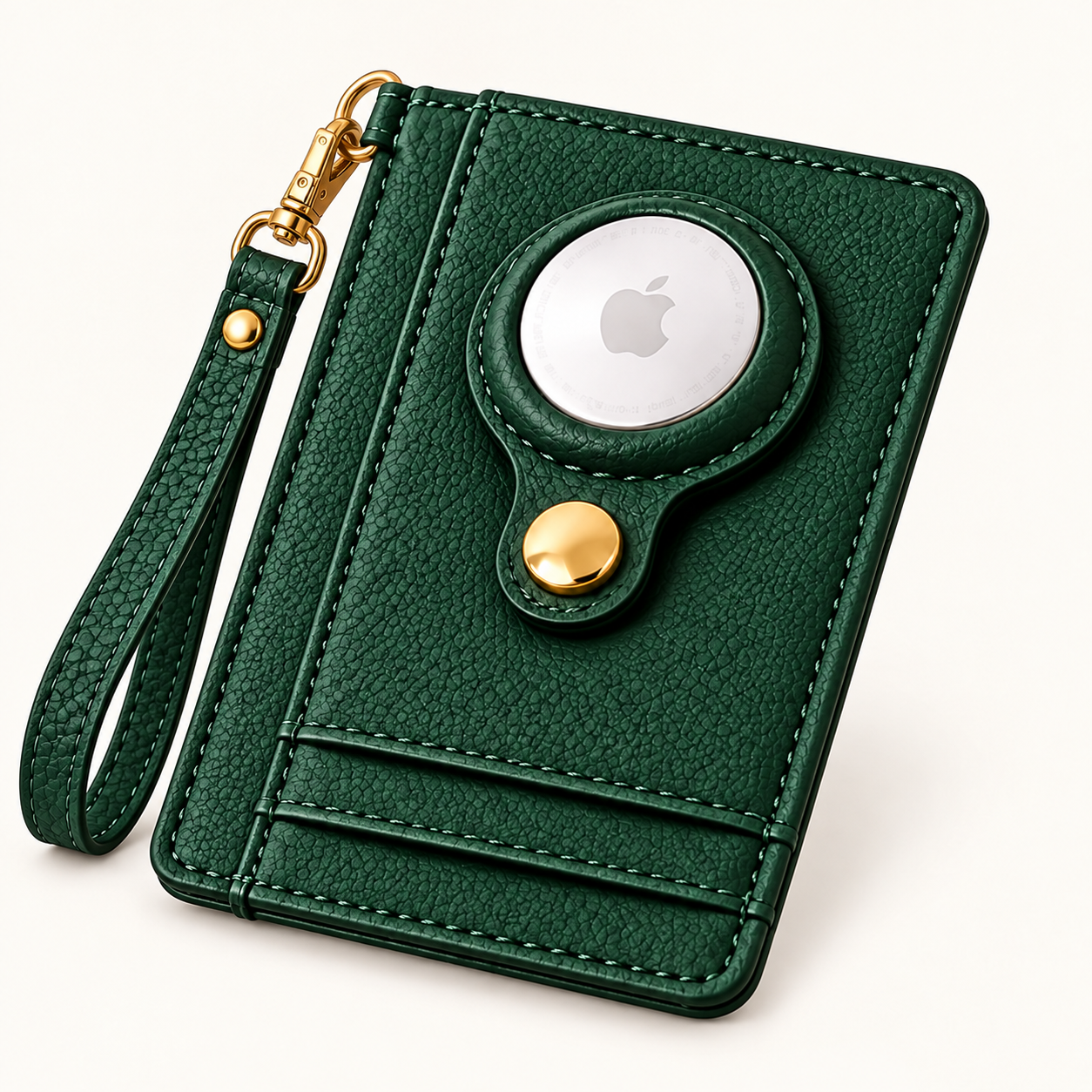 Carry Smart AirTag Wallet + Wristlet — Forest Green Pebble Wallet with gold attachment ring and matching wristlet