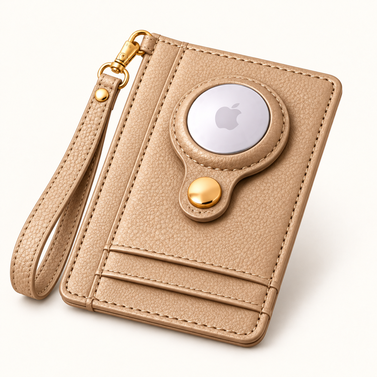 Carry Smart AirTag Wallet + Wristlet — Champagne Pebble Wallet with gold attachment ring and matching wristlet