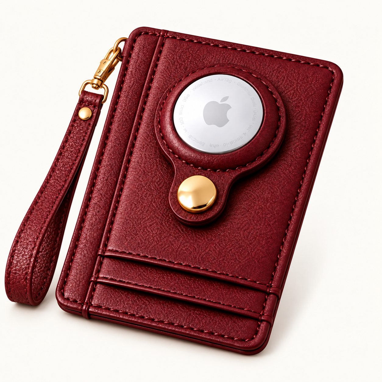 Carry Smart AirTag Wallet + Wristlet — Burgundy Pebble Wallet with gold attachment ring and matching wristlet